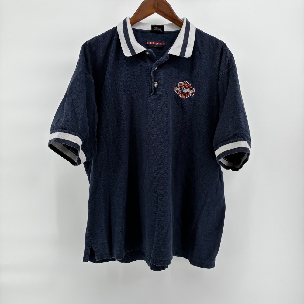 Vintage Harley Davidson Polo Shirt Navy Blue Herringbone XL